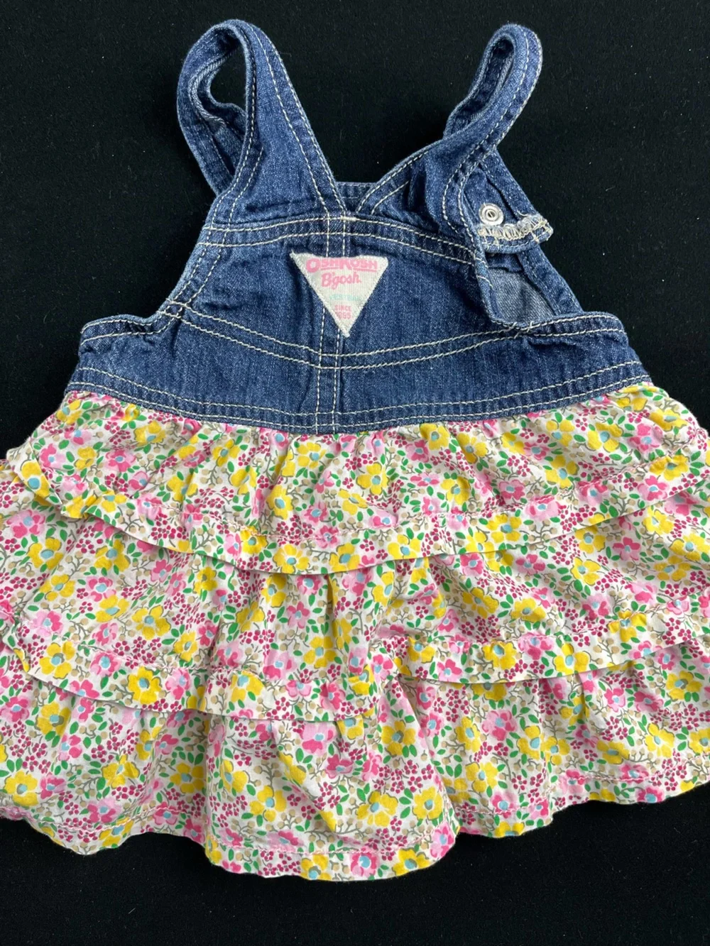 Oshkosh Denim Floral Ruffle Overalls - Pink & Yellow Girls' Bottoms
